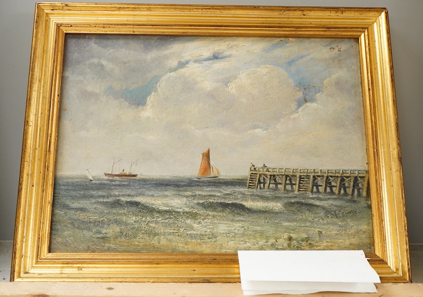 Late 19th century, English School, Coastal view with ships, maritime interest oil on canvas, unsigned, 22 x 29cm, gilt frame